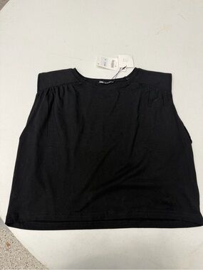 NWT Zara Black Crop Top T-shirt w/ Shoulder Pads size XL